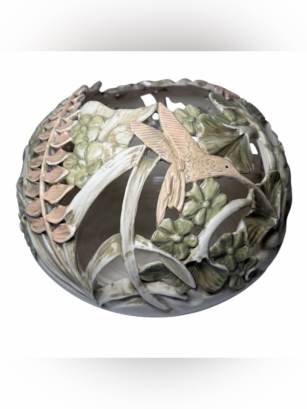 Jeanne van Spijker Hand Carved Wheel-Thrown Porcelain Hummingbird Luminary 2002